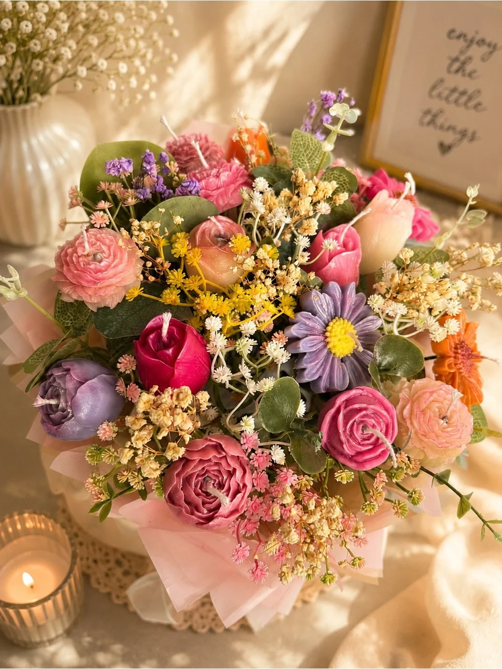 Floral Candle Bouquet Arrangement in Pink and Purple Vase Accent- Handcrafted🕯️✨